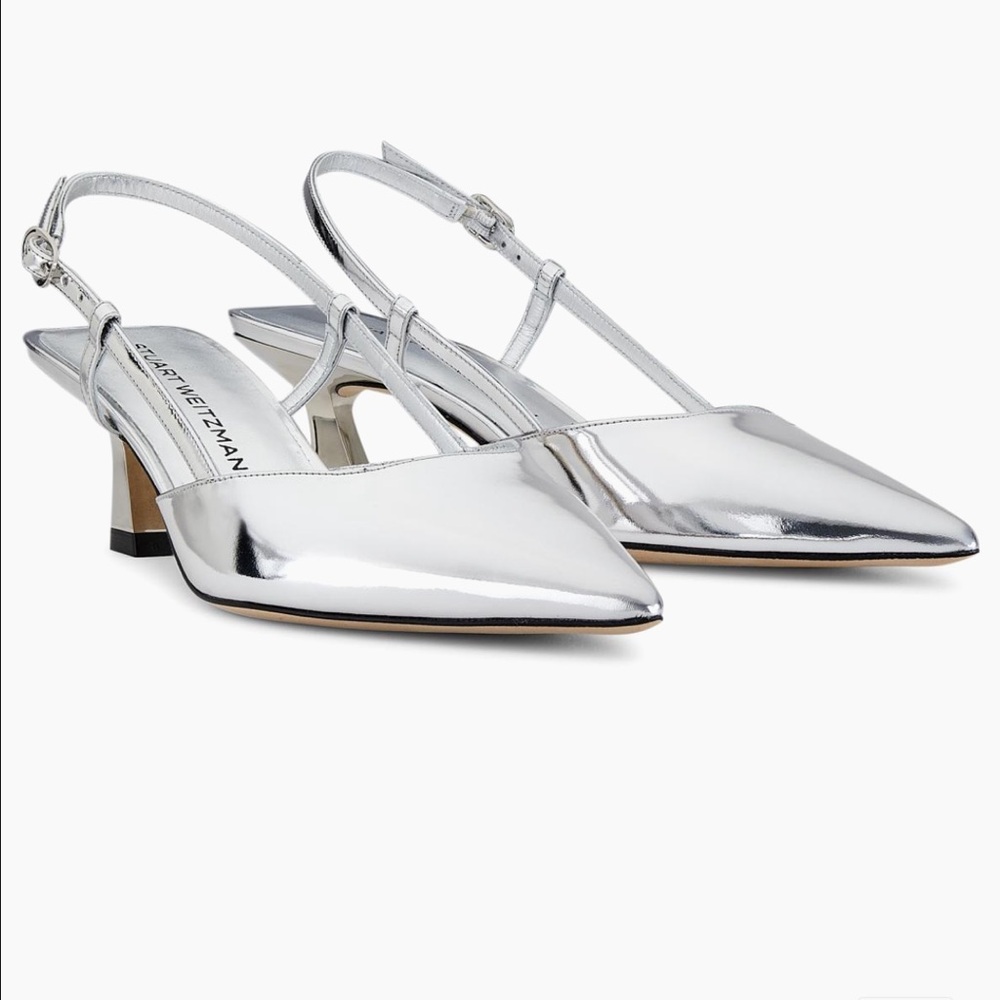 Stuart Weitzman Vinnie 50mm Silver Patent Leather Metallic shoes kitten heels